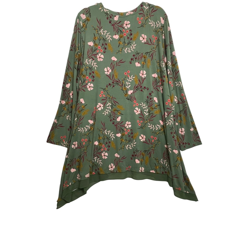 LOGO Lori Goldstein 3X Green Floral Tunic Dress Sharkbite Lagenlook Boho - Picture 2 of 16